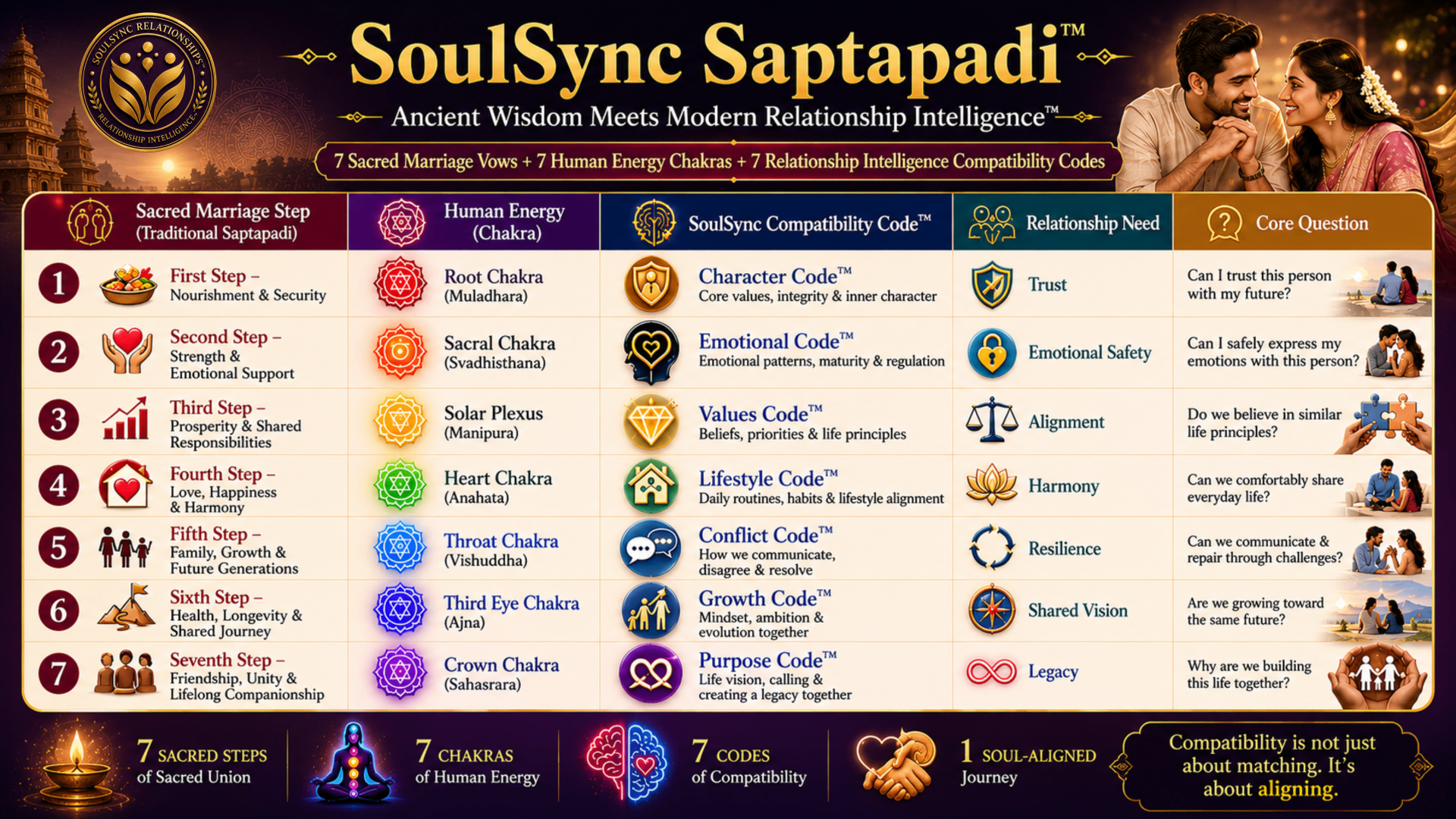 SoulSync Saptapadi Compatibility Matrix — 7 Compatibility Codes mapped to sacred vows and chakras